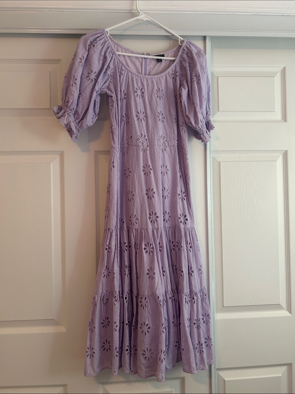 Ann Taylor Lavender Eyelet Midi Dress with Puff Sleeves